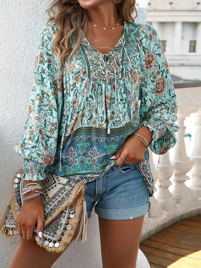 Women's Blouse with Floral Pattern, V-Neck and Tie Band