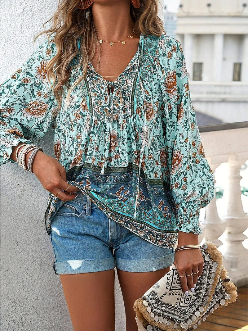 Women's Blouse with Floral Pattern, V-Neck and Tie Band