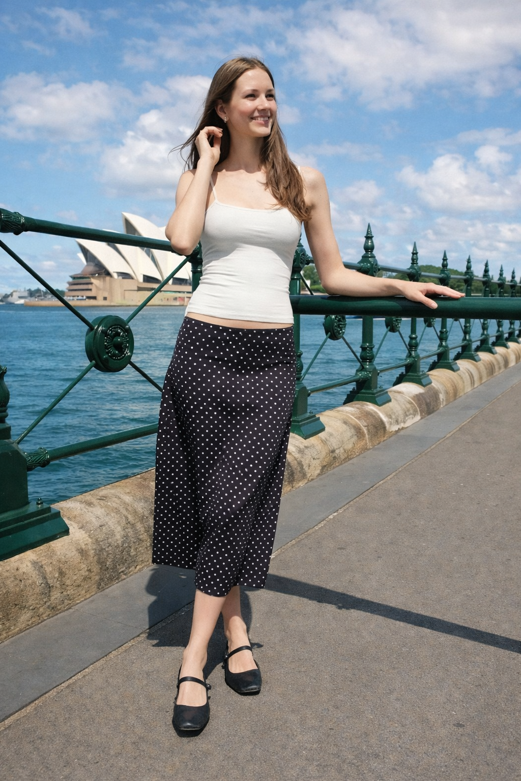 Women's straight-cut midi skirt with polka-dot pattern