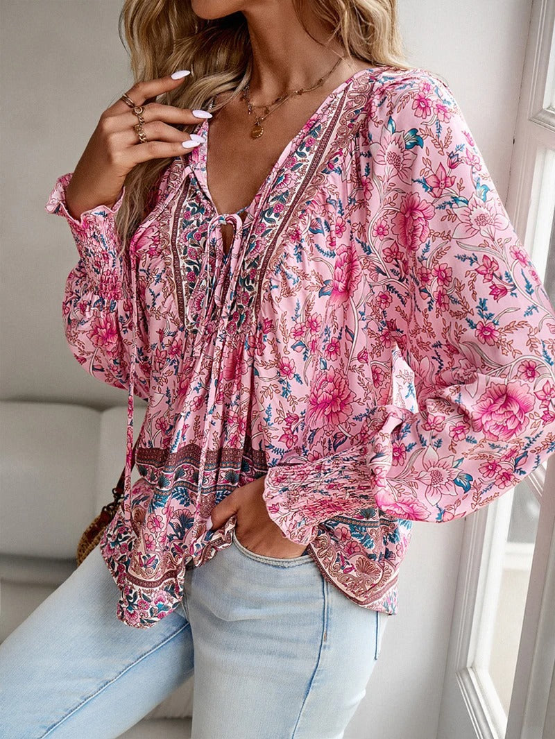 Women's Blouse with Floral Pattern, V-Neck and Tie Band