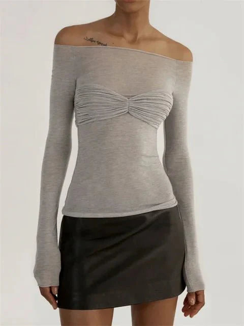 Lunara Transparenz-Top mit Off-Shoulder-Ausschnitt und Raffung