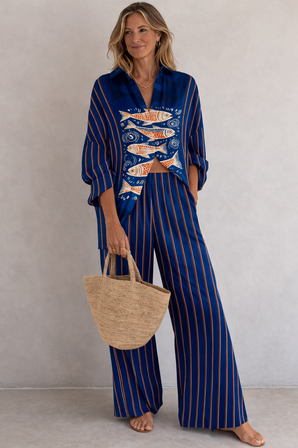 Maribel | Women's Two-Piece Set with Printed Shirt and Striped Pants