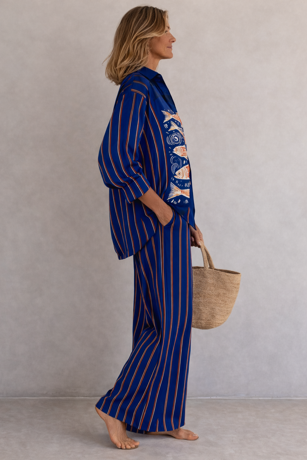 Maribel | Women's Two-Piece Set with Printed Shirt and Striped Pants