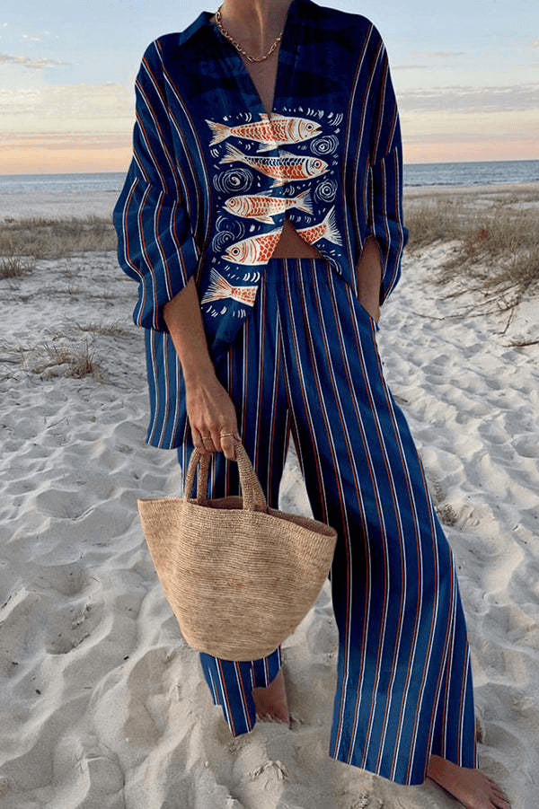 Maribel | Damen Zweiteiliges Set mit Bedrucktem Hemd und Gestreifter Hose