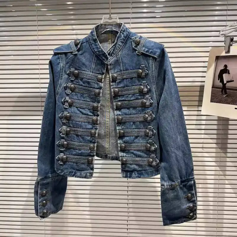 Marina Women's Denim Military-Style Short Jacket with Decorative Buttons