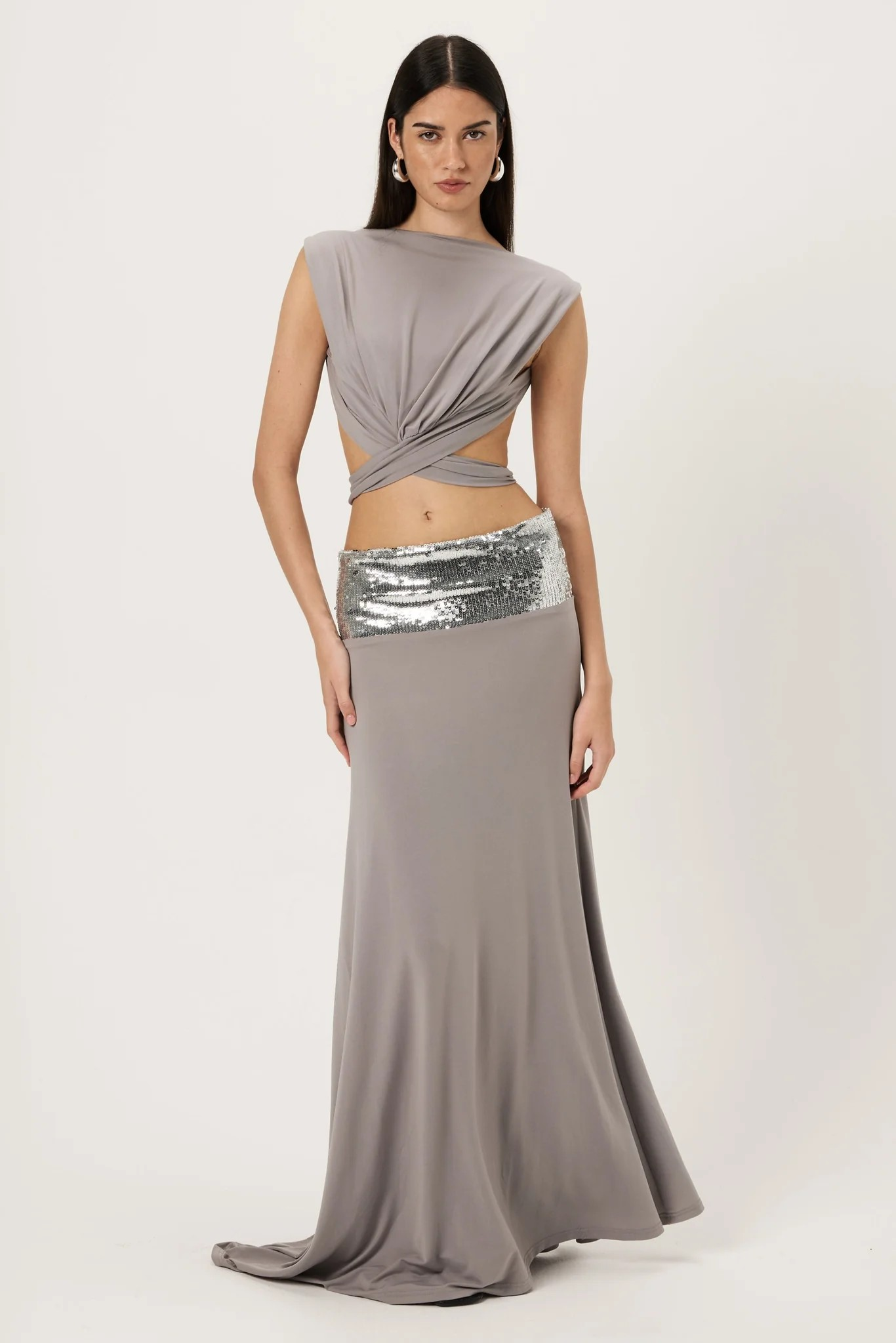 Noemie Sequin Waistband and Twist Drape Evening Gown