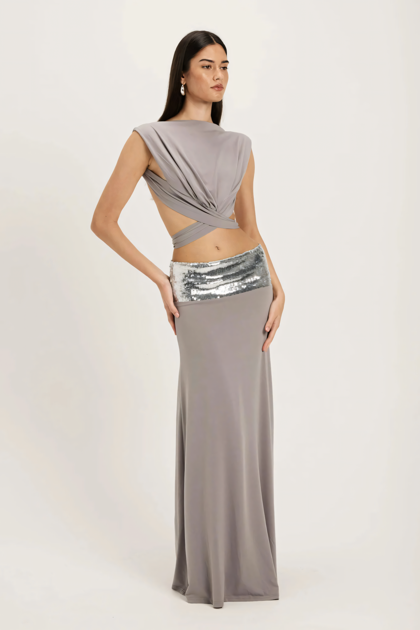 Noemie Sequin Waistband and Twist Drape Evening Gown