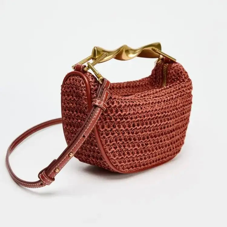 Nyx Damen Mini Tasche geflochten mit Metallgriff und Reißverschluss