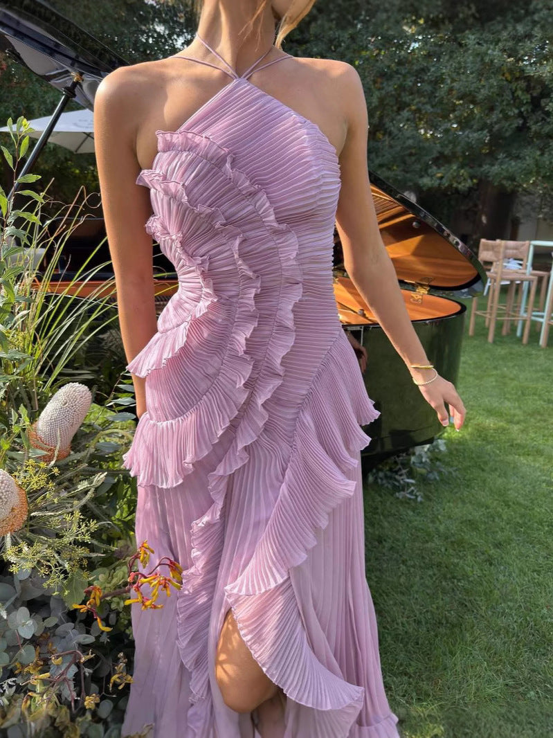 Yuna | Pailletten Maxikleid V-Ausschnitt Halterneck Abendkleid