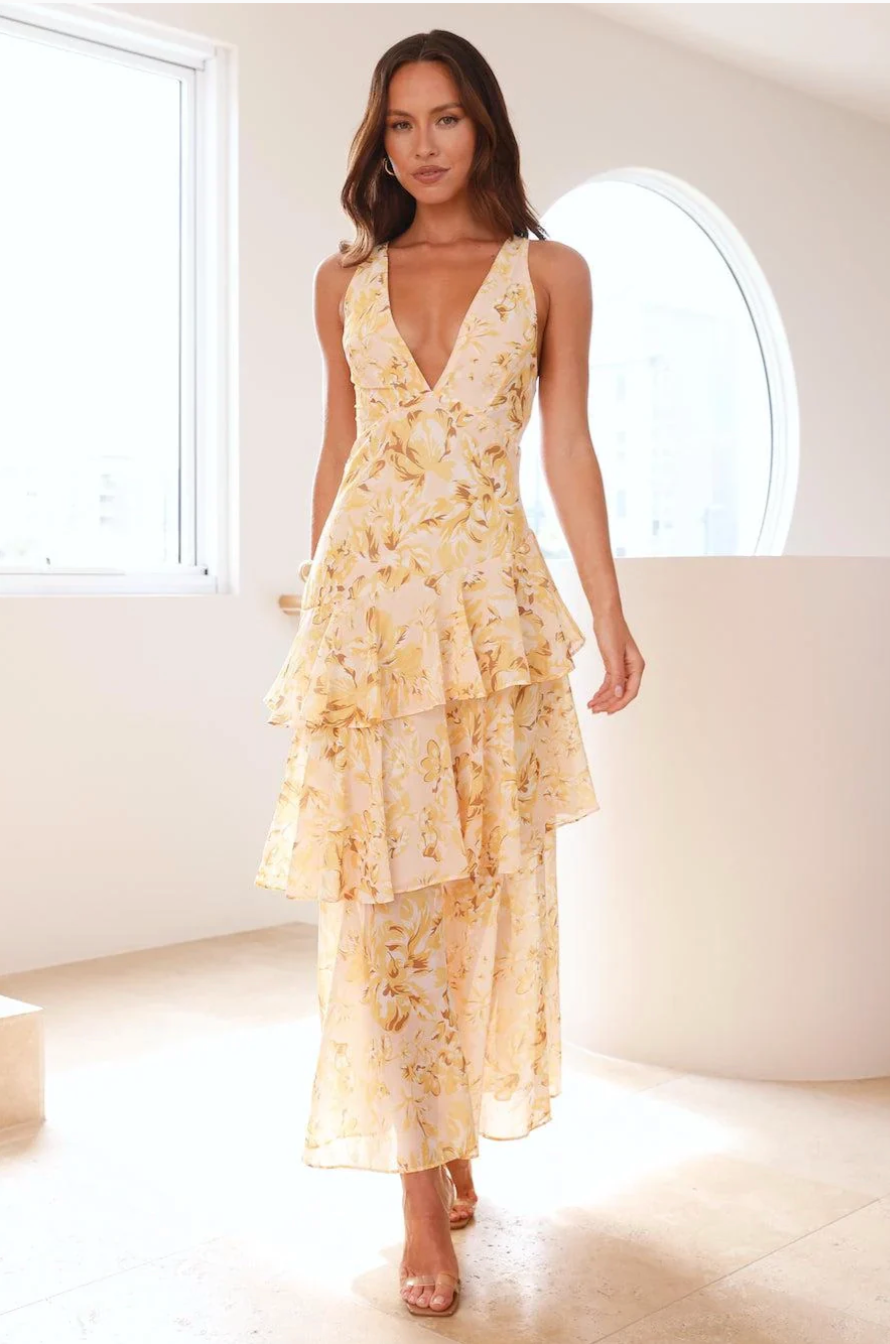 Sarah | Langes Kleid mit V-Ausschnitt und Volants Blume