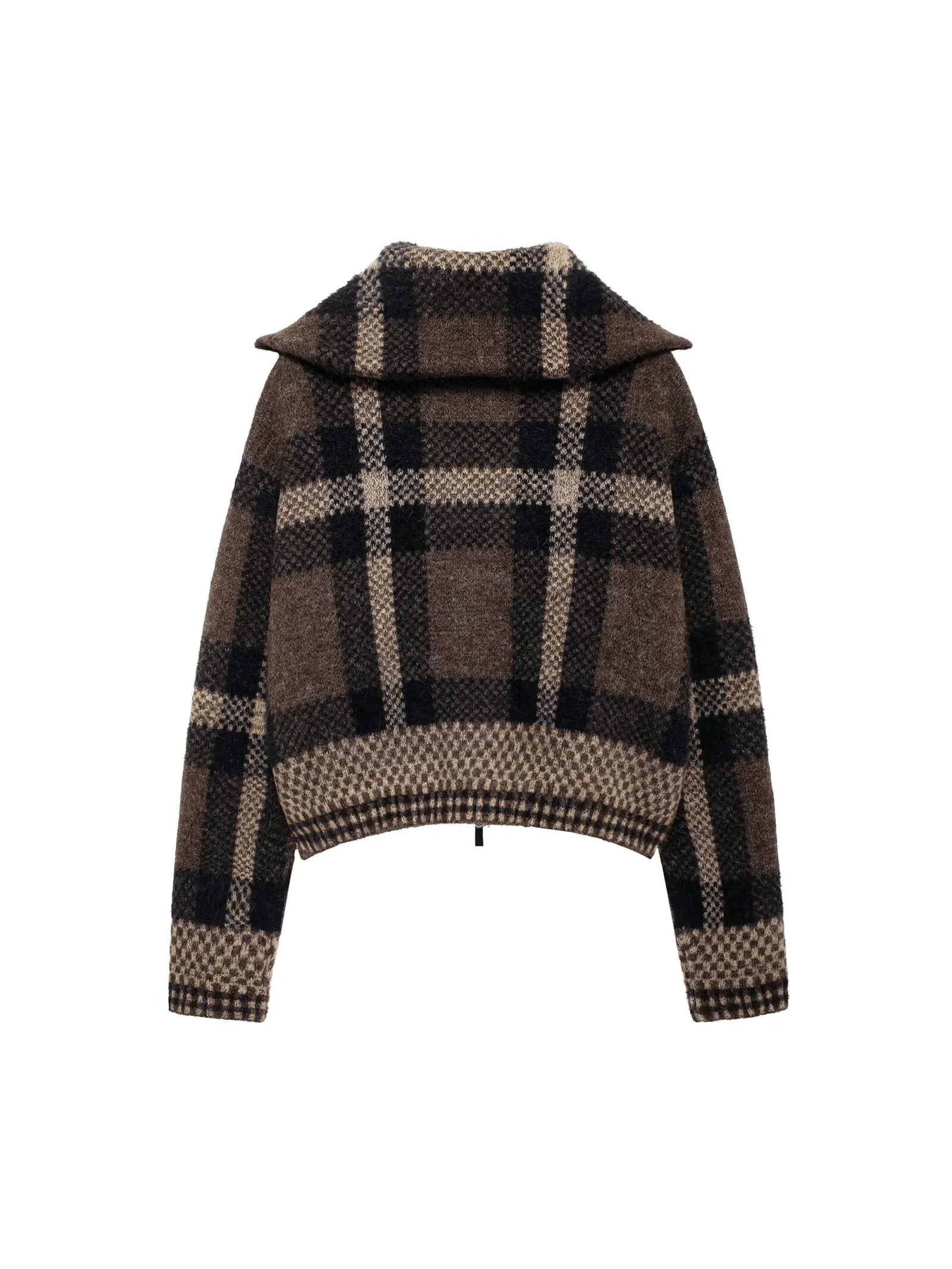 Sifna Damen Strickjacke kariert mit Reißverschluss und Stehkragen