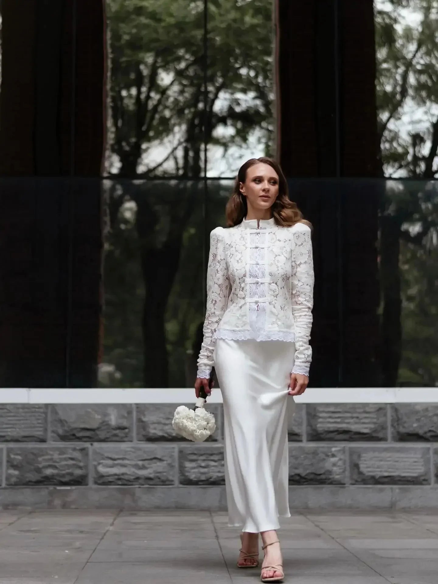 Women's lace blouse with puff sleeves