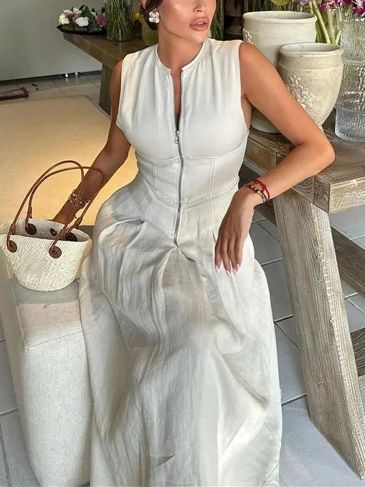 Women's Sleeveless Maxi Dress with Front Zipper