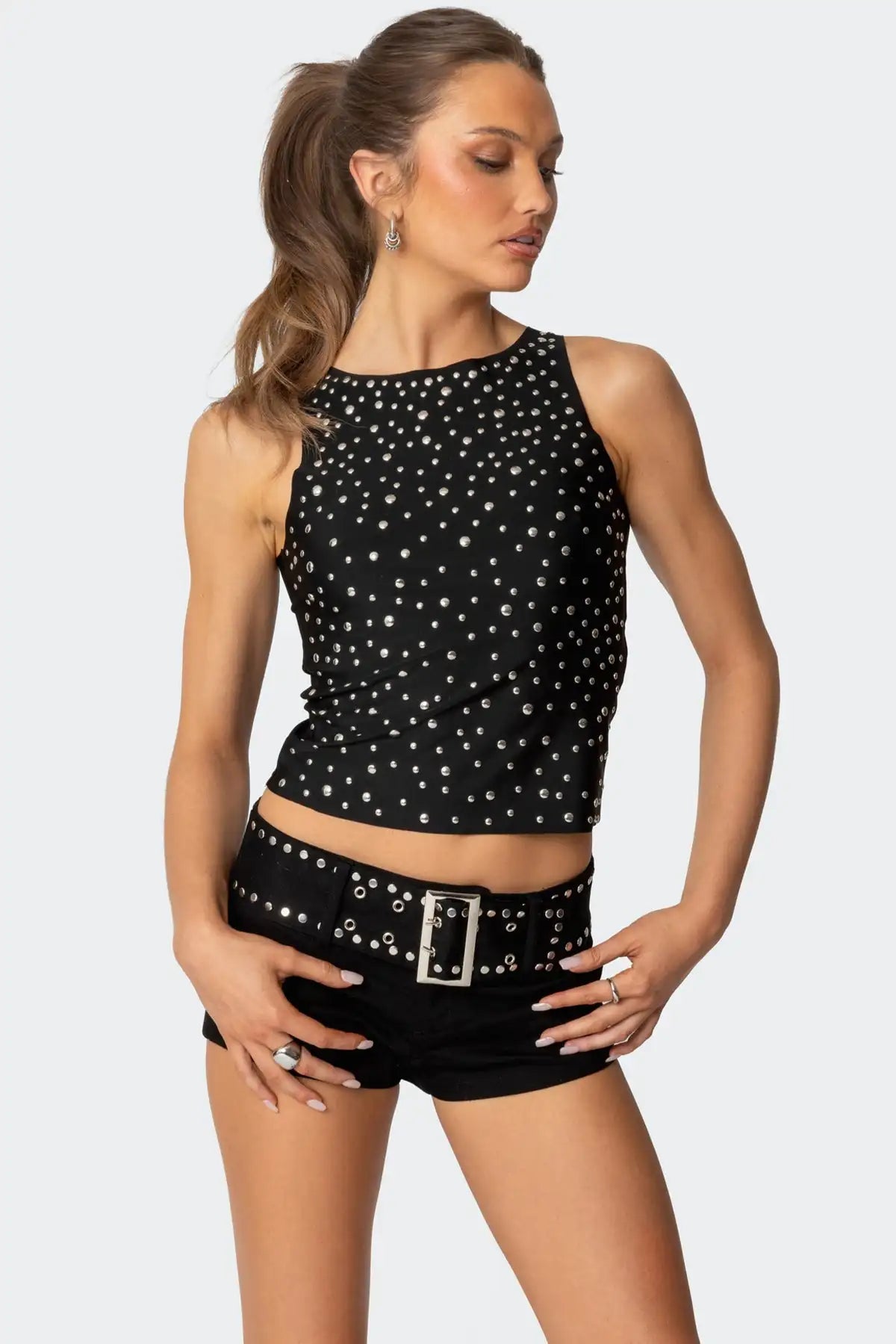 Virelka Damen Crop Top mit Nietenbesatz