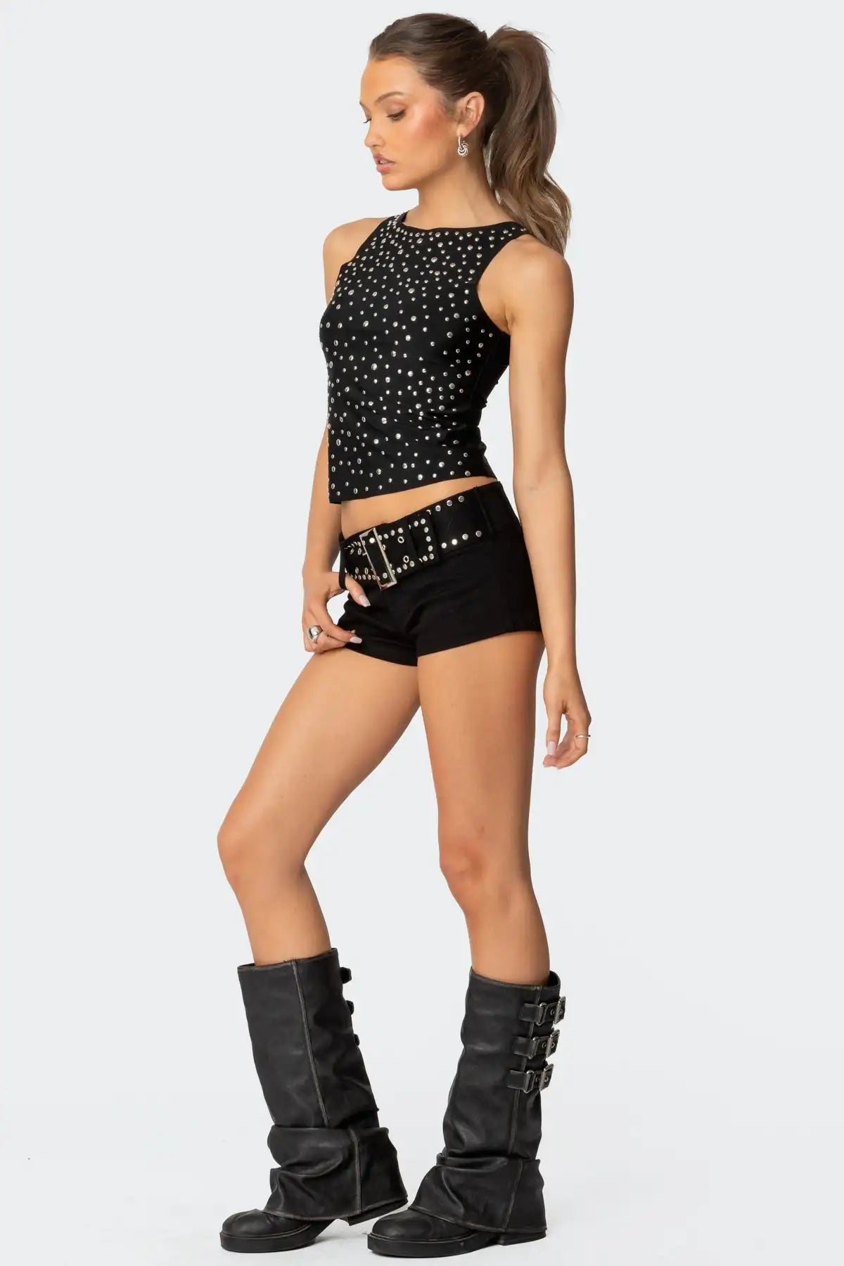 Virelka Damen Crop Top mit Nietenbesatz