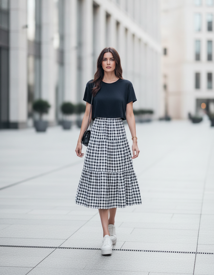 Damen Midirock mit Karomuster in Schwarz-Weiß, getragen von einem Model auf einer Stadtstraße – Maya Mode