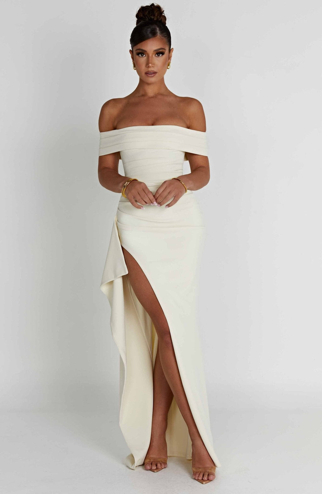 Alice | Long dress with slit, off-the-shoulder