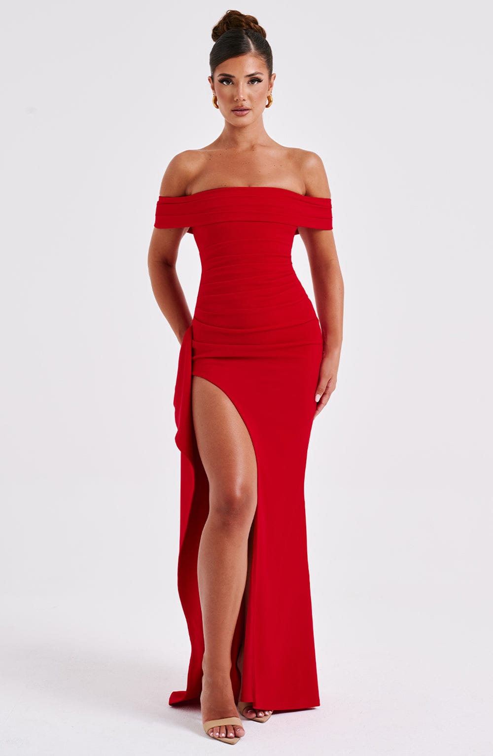Alice | Long dress with slit, off-the-shoulder