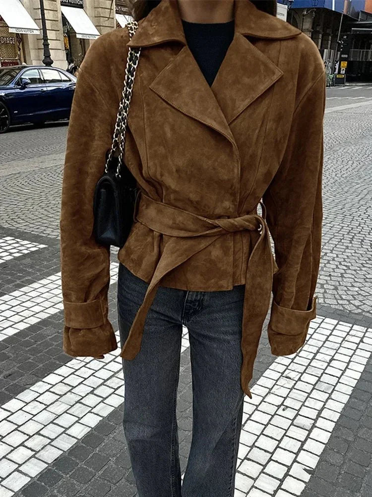 Vydra | Damen Wickelmantel Wildleder Braun Mit Bindegürtel