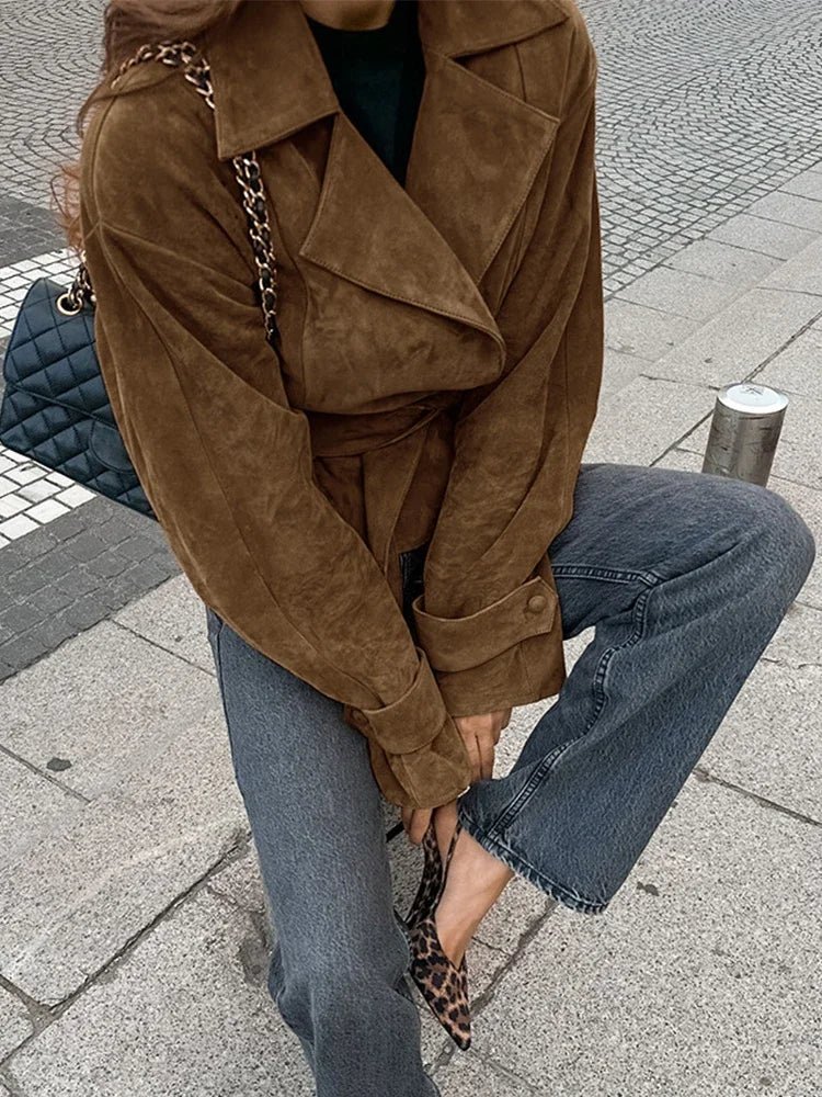 Vydra | Damen Wickelmantel Wildleder Braun Mit Bindegürtel