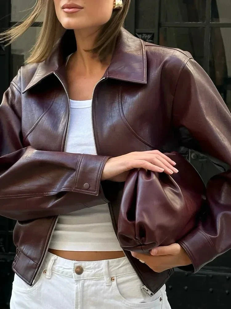 Fern | Kurze Vintage-Lederjacke für Damen in Burgunderrot