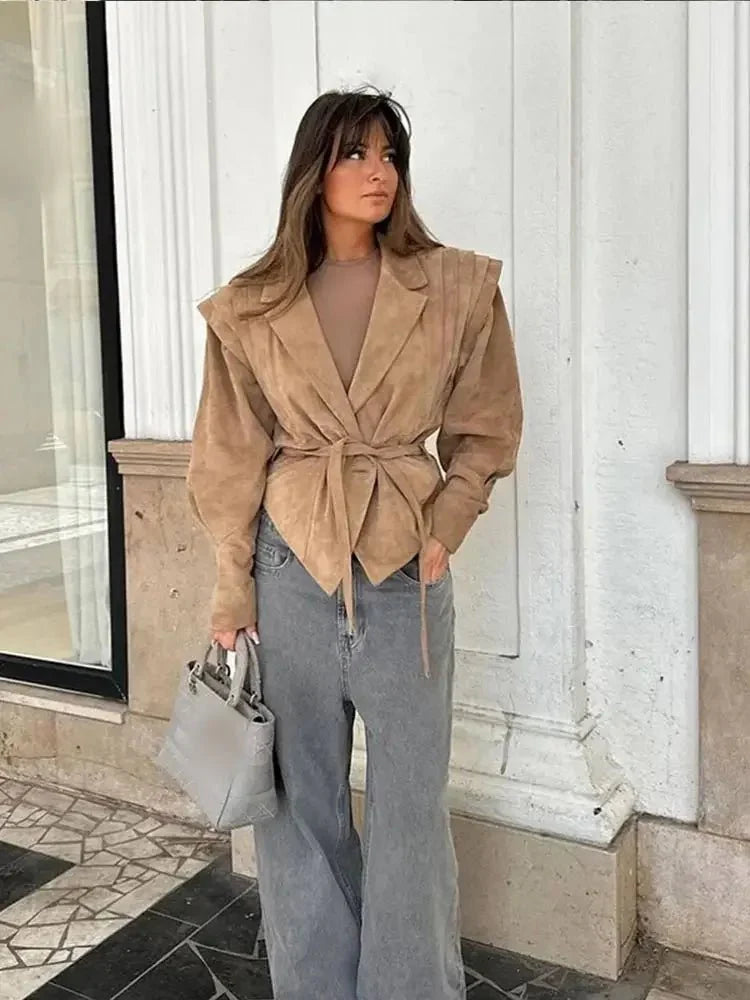 Selena | Damen  V-Ausschnitt Langarm Wildlederjacke