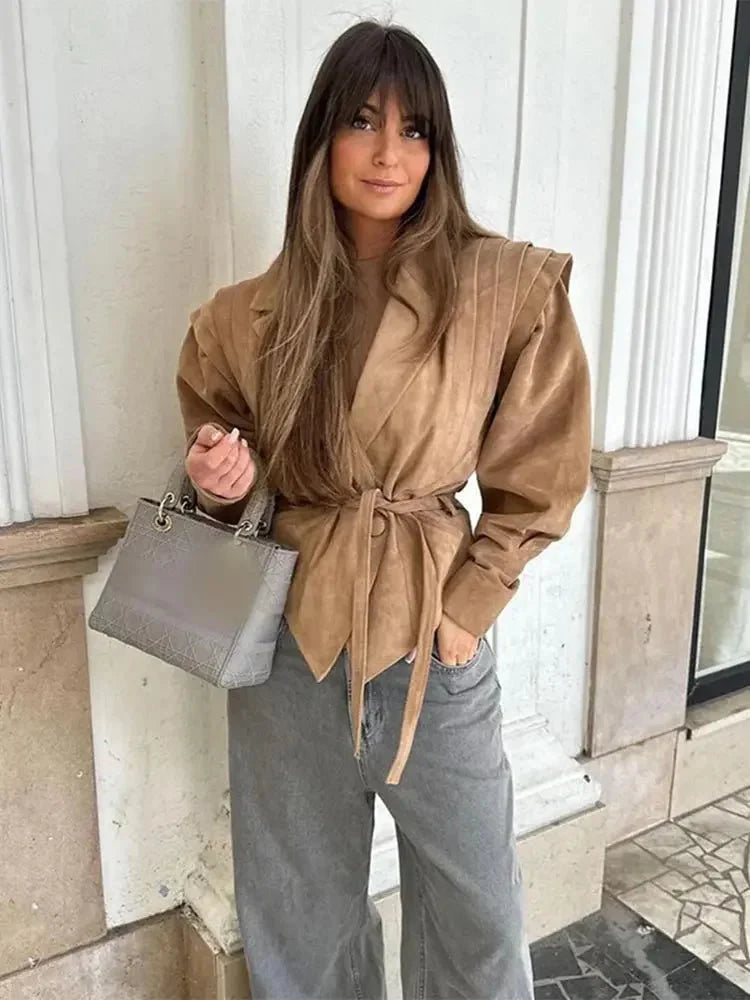 Selena | Damen  V-Ausschnitt Langarm Wildlederjacke